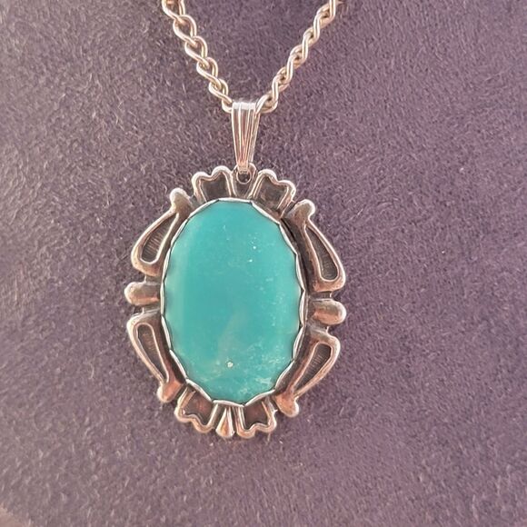 Vintage Sterling Green Blue Chalcedony Art Deco Bezel Pendant - Picture 3 of 8